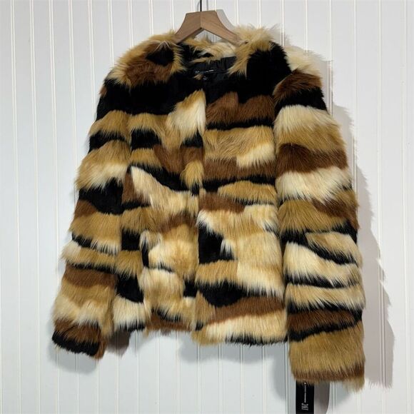 INC International Concepts Faux Fur Jacket XL Calico Striped Animal Print NWT - Picture 1 of 12